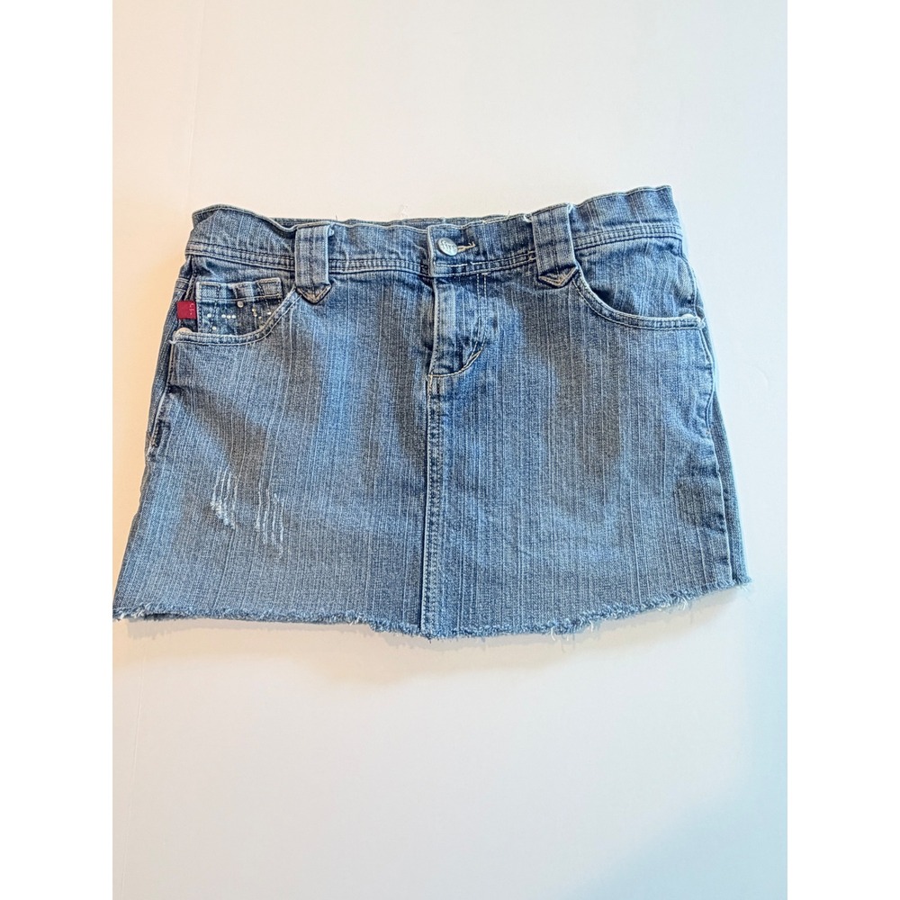 Jeans Sasha Denim Mini Skirt Medium Wash Rhinestone Y2K Raw Hem Size 5